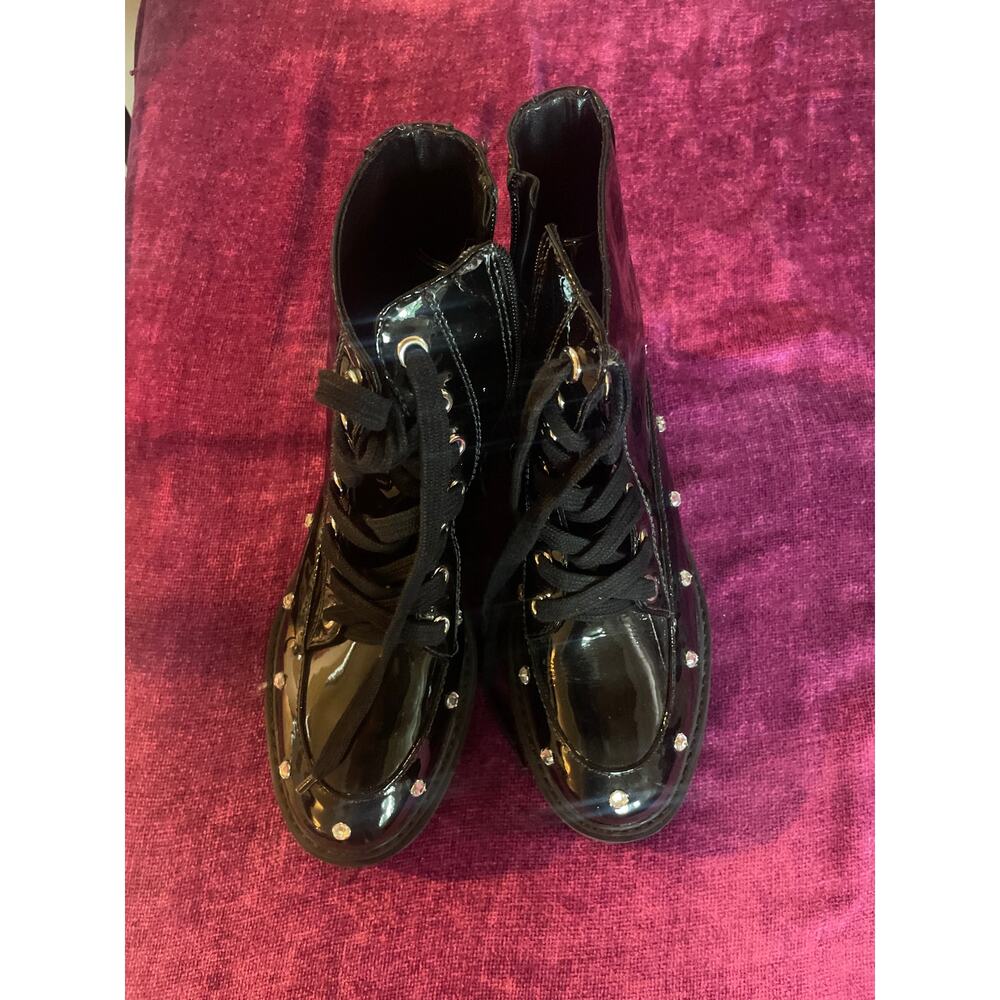 SCHUTZ Abeli Patent Leather Combat Boot Black Lug Sole 7.5 w Gems GOTH GRUNGE - Picture 2 of 7
